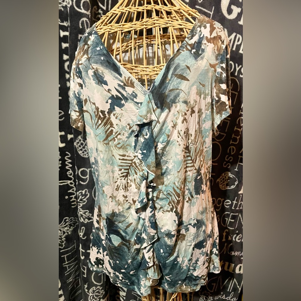 Coldwater Creek Blue Blouse with Cap Sleeves and Ruffled Wrap Style